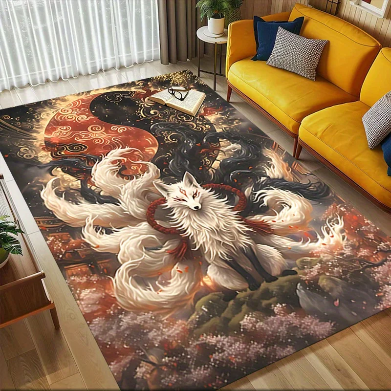 Nine Tailed Fox Rug Flannel Soft Kids Carpet Yin Yang Fantasy Animal Print Bedroom Kitchen Floor Mat Anti Slip