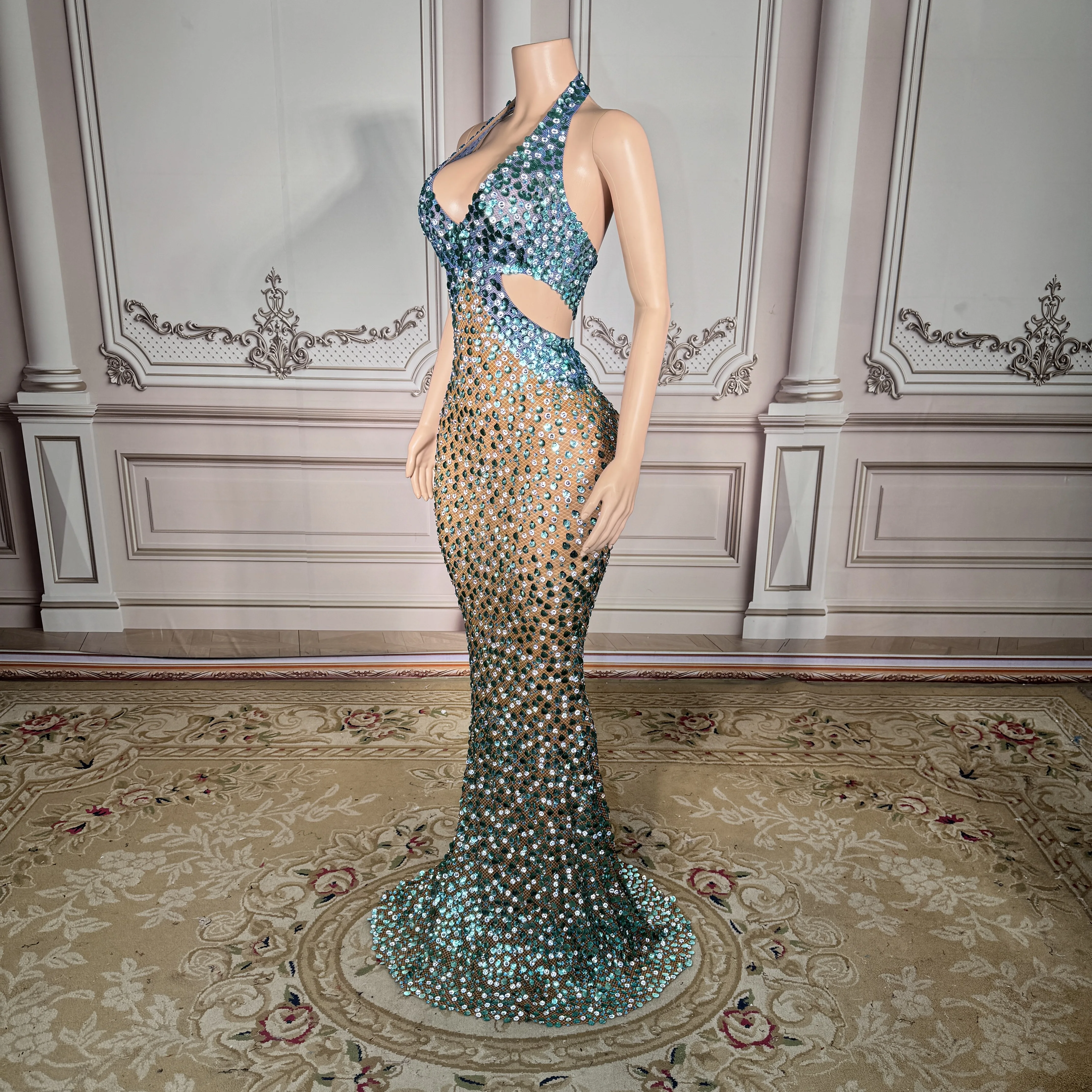 ZD Abito da sera sexy con strass scintillanti da donna Abito lungo trasparente con scollo all'americana di lusso per il ballo di fine anno 2025