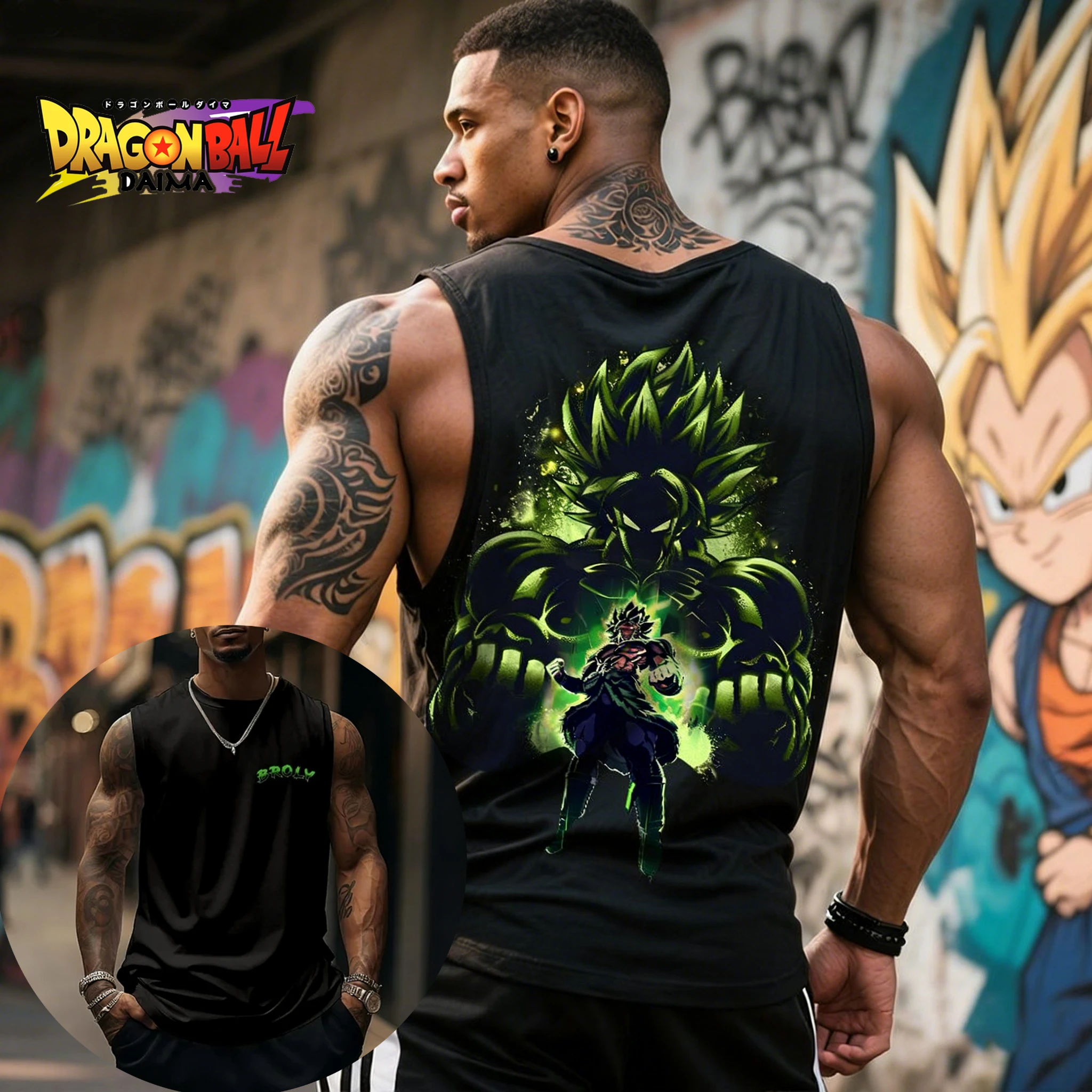 Herren-Tanktop mit Dragon Ball Green Flame Broly-Aufdruck, Frühling und Sommer, neues Sport-T-Shirt, ungebunden, stilvoll und voller Kraft
