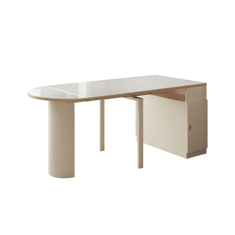 

Cream wind rock slab retractable dining small apartment folding semicircular oval combination dining table and chairs