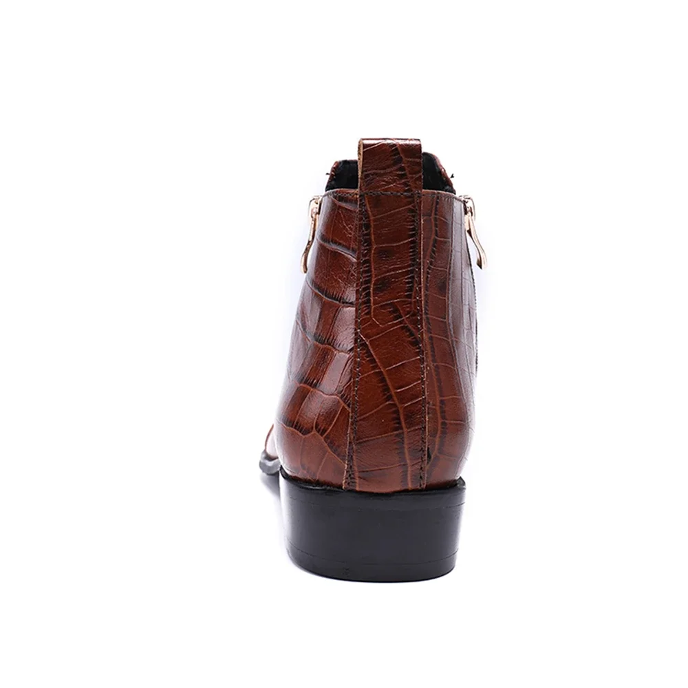 Brown Rivet Genuine Leather High Heels Pointed Toe Zipper Boots Male Plus Size Fashion Party Business British Style Dress Shoes