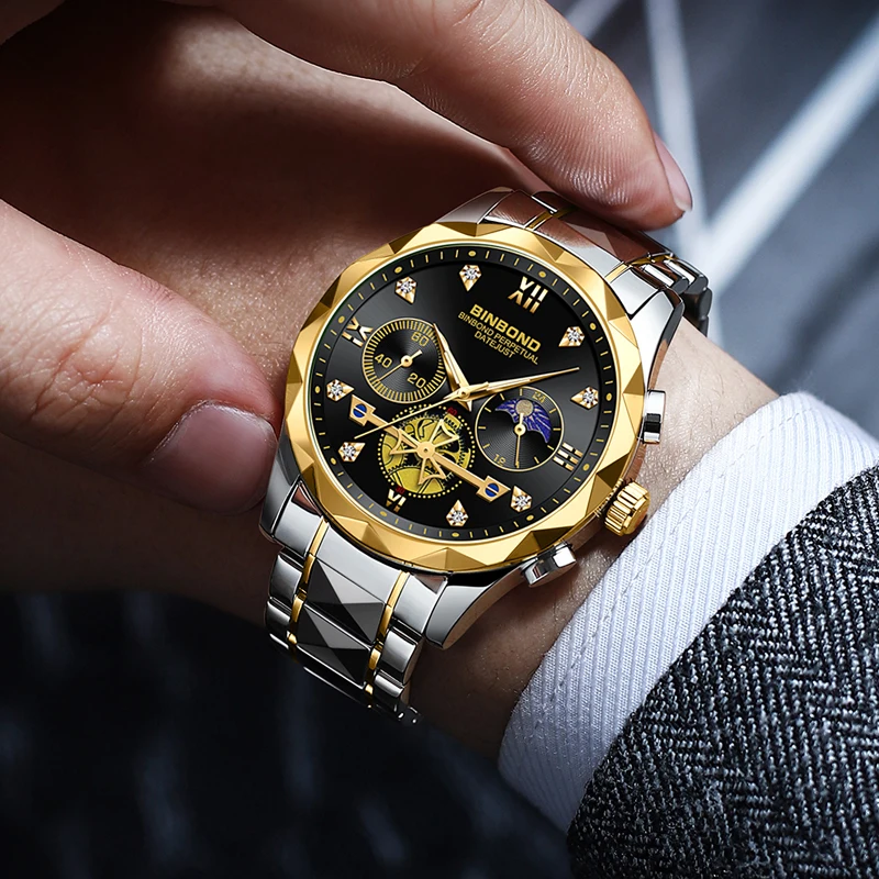 BINBOND جديد فاخر العلامة التجارية الأعلى ساعة رجالي مقاوم للماء مؤقت مضيء تاريخ تلقائي الفولاذ المقاوم للصدأ رجل كوارتز ساعة يد تعمل بالحركة + صندوق