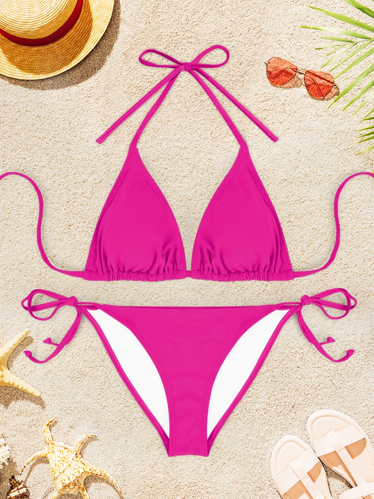 2 قطعة ملابس السباحة مثير عارية الذراعين بيكيني دعوى المرأة لون نقي الخامس الرقبة الحمالات ثوب السباحة 2025 العصرية الجديدة الصيف بحر #6