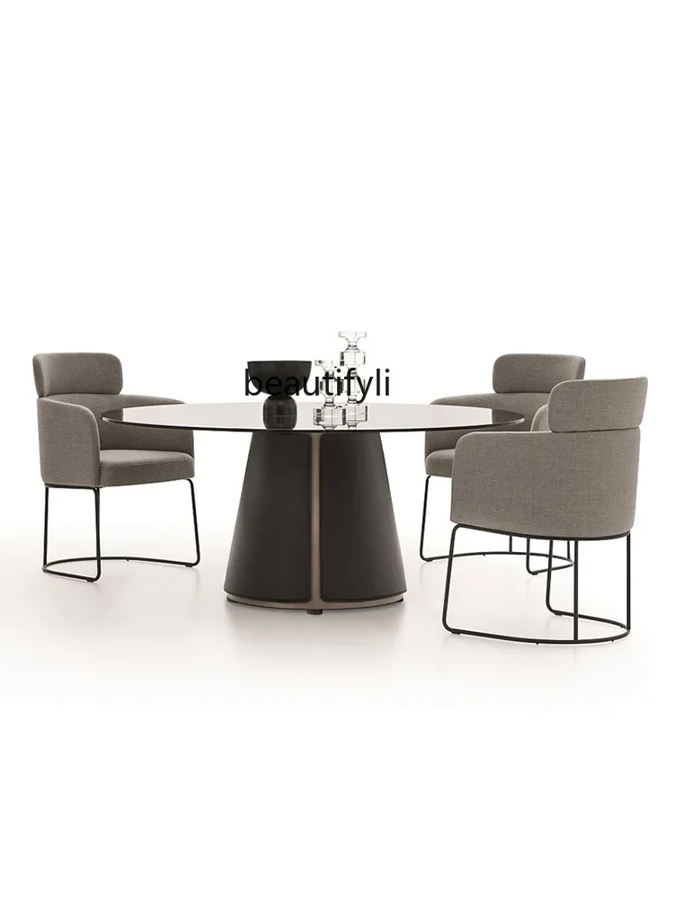 Italian-Style Light Luxury Tempered Glass Dining Tables and Chairs Set Household Stainless Steel Feet round One Table Six Chairs