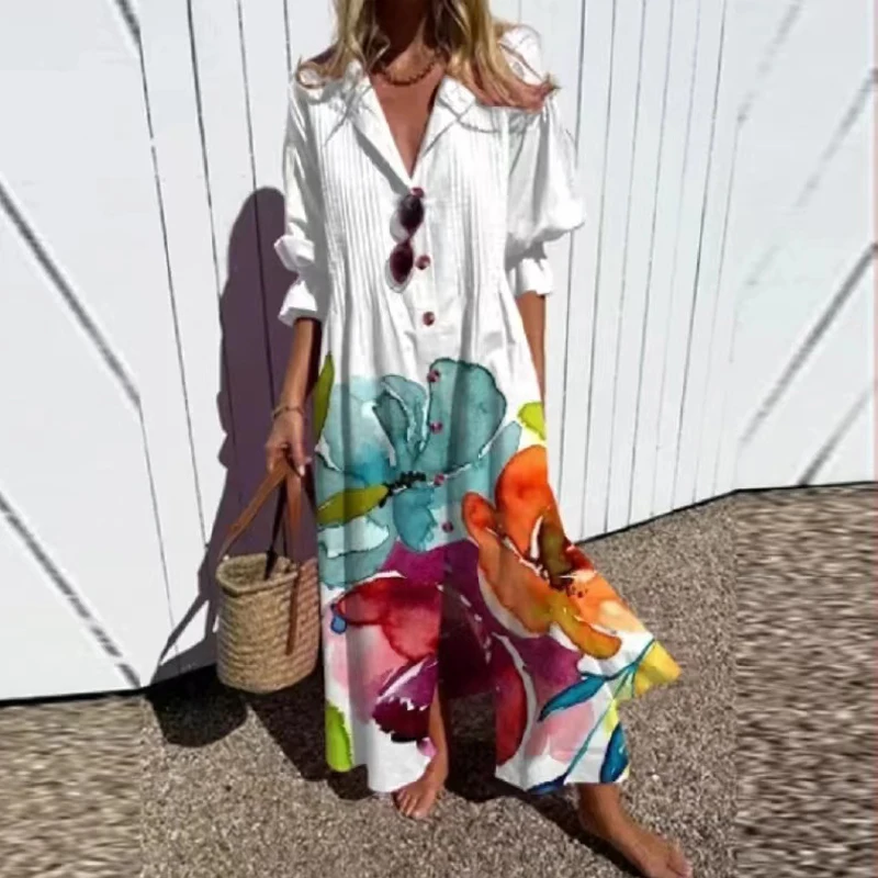 Women\'s Retro Geometry Circle Print Long Dress, Spring Single Breasted Lapel Shirt Dress, Summer Puff Short Sleeve, A-Line Boho