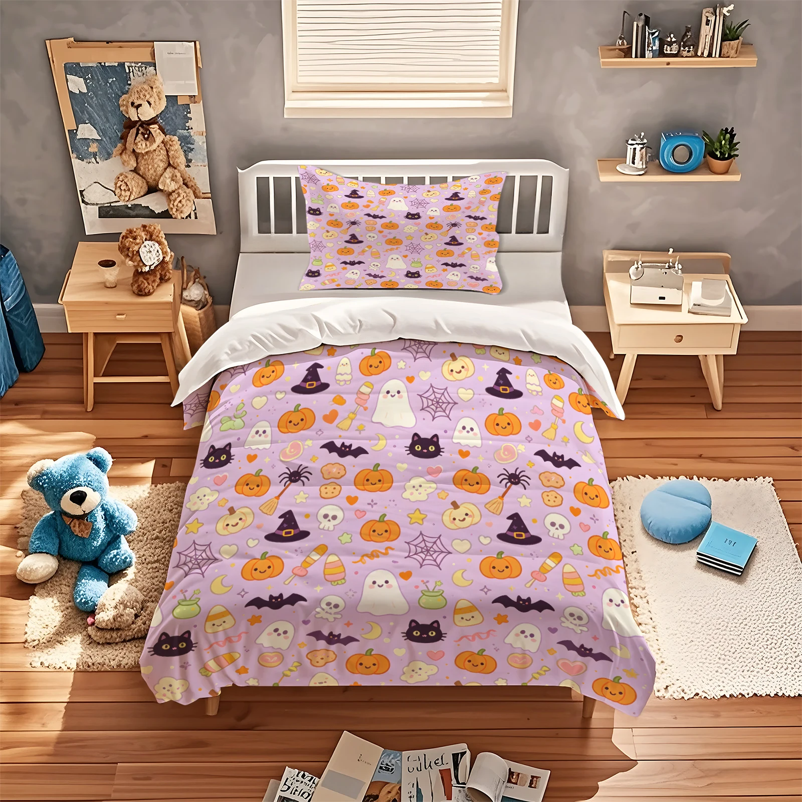 Purple Halloween Duvet Cover Set Cute Pumpkin Ghost Print Bedding Set Microfiber Bed Linen with Pillowcases for Halloween Decor