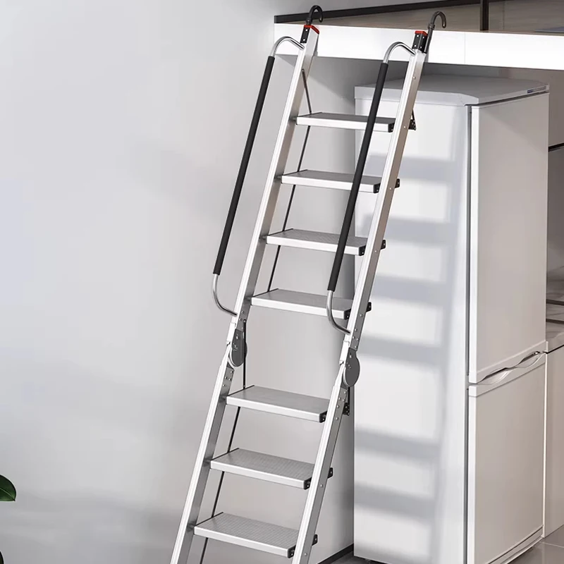 Aluminum Alloy Folding Loft Ladder Reinforced A-Frame Ladder with Hook Handrail Multi-Functional Staircase Home Use Telescopic L