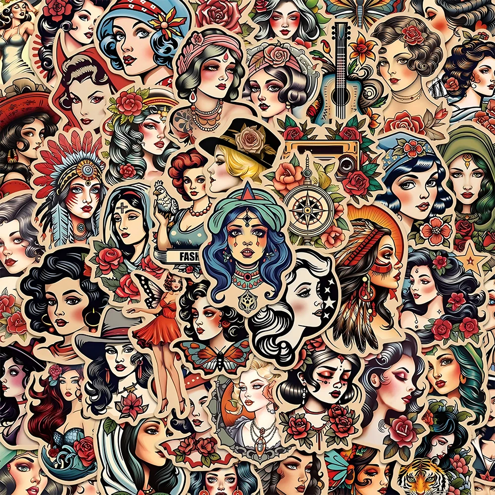 10/30/50pcs Retro Tattoo Girl Pin Up Sticker Personality Decals Graffiti Laptop Motorcycle Skateboard Suitcase Cool Sticker Pack