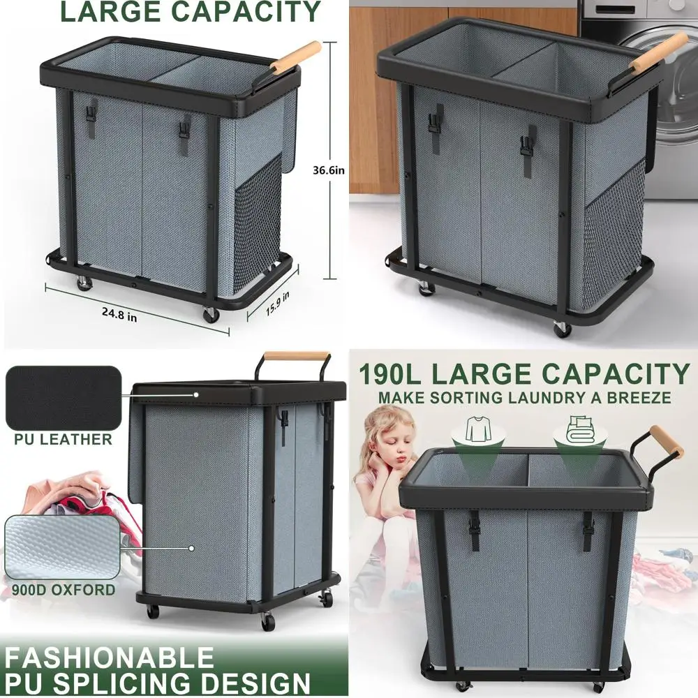 

Очень большая двухсекционная корзина для белья объемом 190 л с крышкой и колесиками для домашнего и гостиничного использования, серая