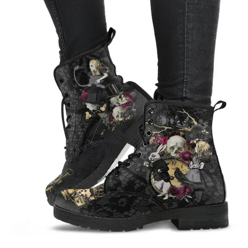 2022 Skull Flower Print High-Top Sneakers Women Boot Autumn Winter Fashion Woman Ankle Boots Adult Botas Mujer Plus Size 43 Goth