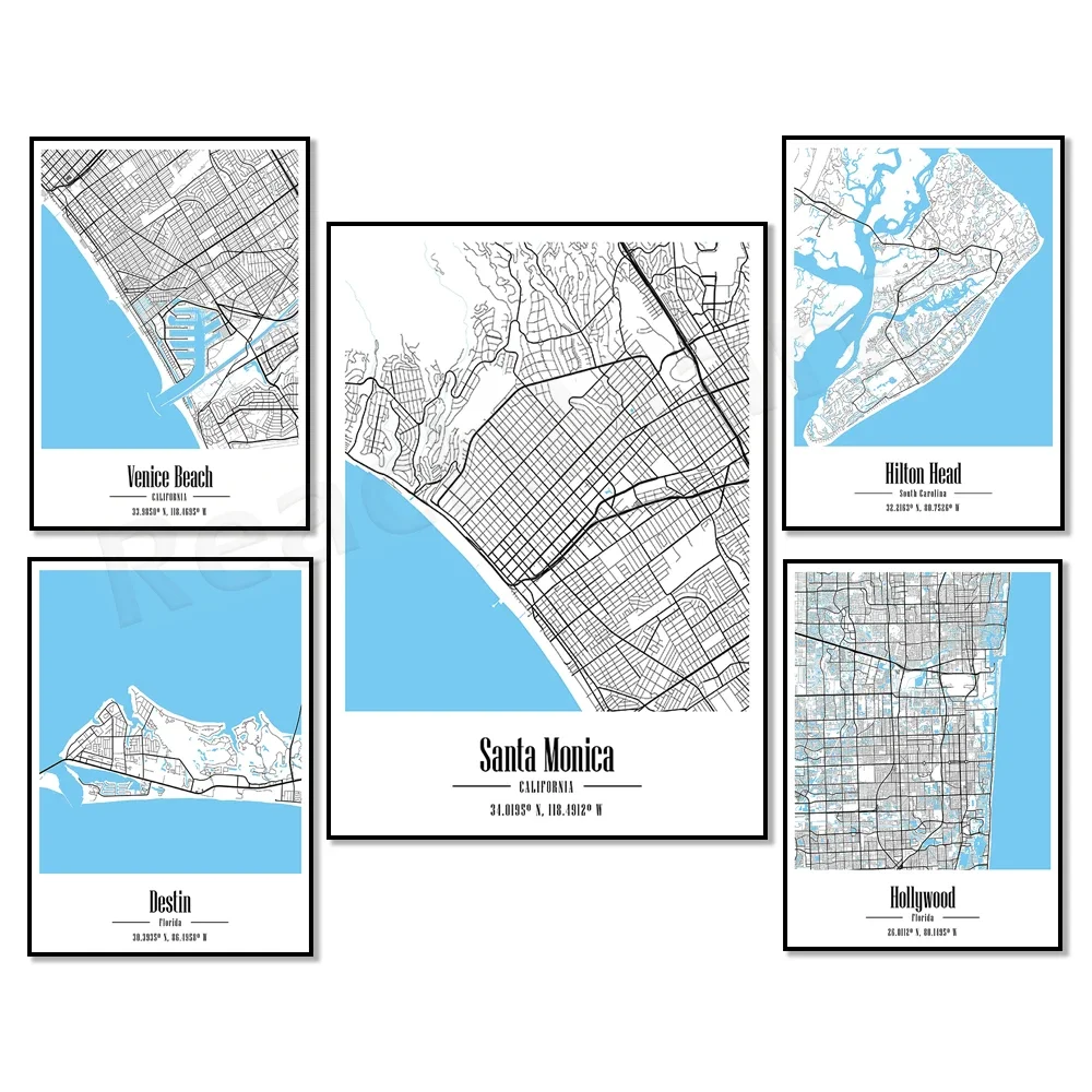 Florida, Destin Beach, South Carolina, California, Santa Monica Map Print - Venice Beach Map Poster