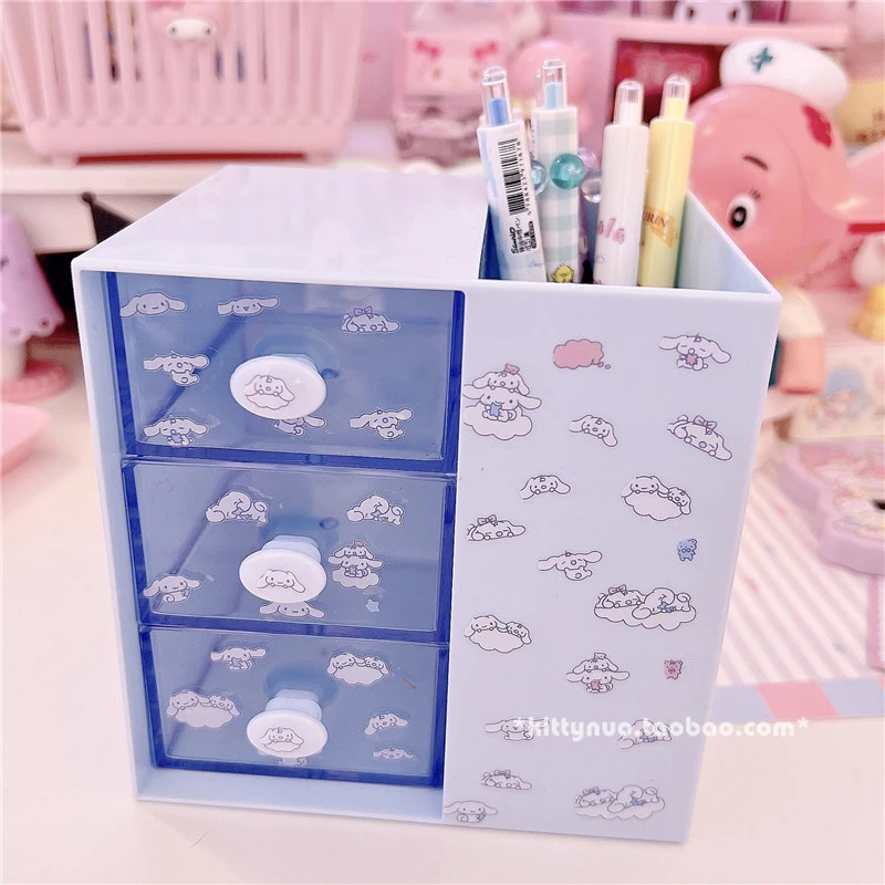 Sanrio Kawaii Cinnamoroll caja organizadora Anime My Melody, pegatina translúcida, cajón, papelería, cosméticos, caja de almacenamiento de escritorio