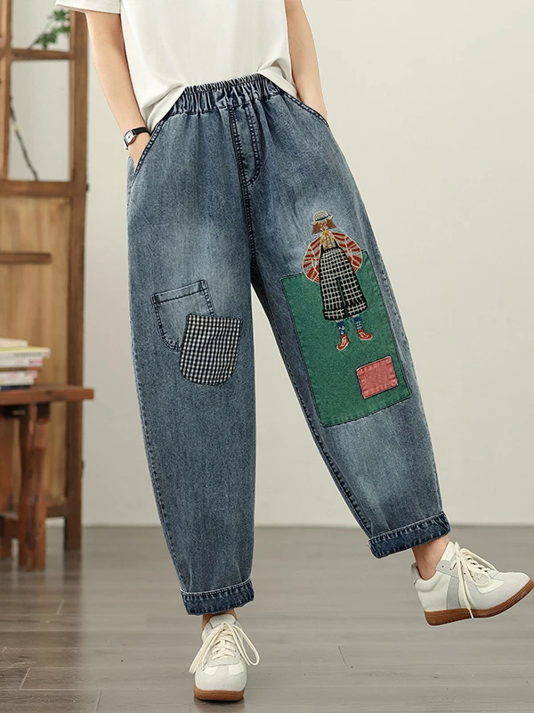 المرأة لينة الدنيم المرقعة فضفاضة عادية رقيقة سراويلي حريمي عالية الخصر تسع نقاط الجينز Sli التخسيس هارلان بنطلون