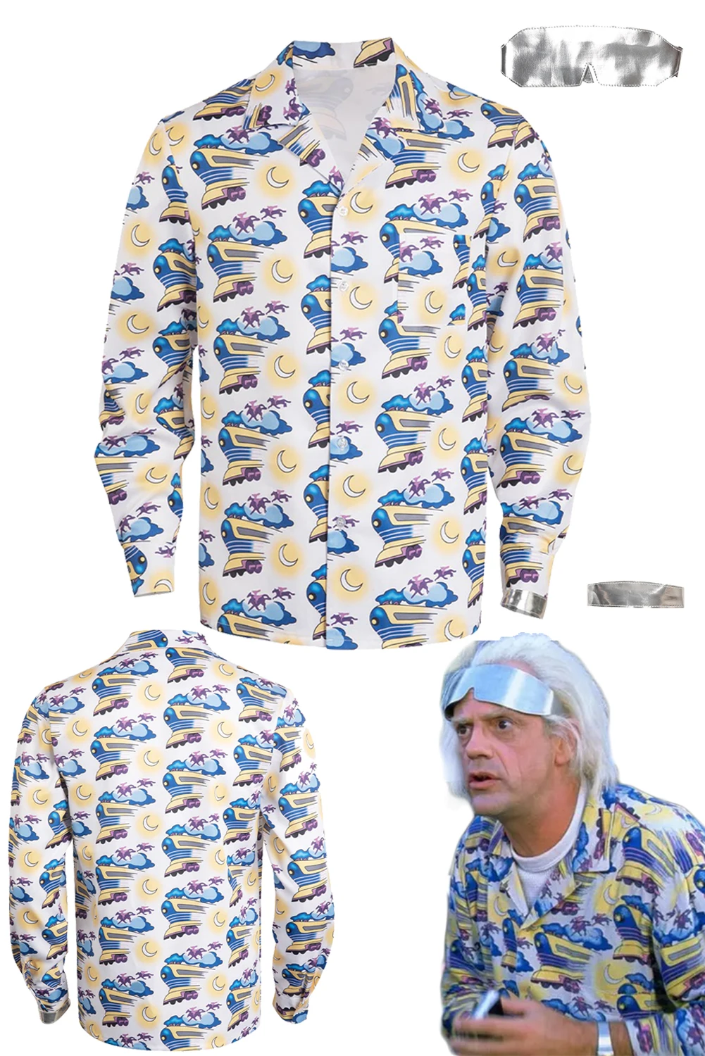 Doc Brown Cosplay gioco di ruolo stampa camicia 1985 Movie Back Future Doctor Costume travestimento uomini adulti abiti fantasia Fancy Dress Up