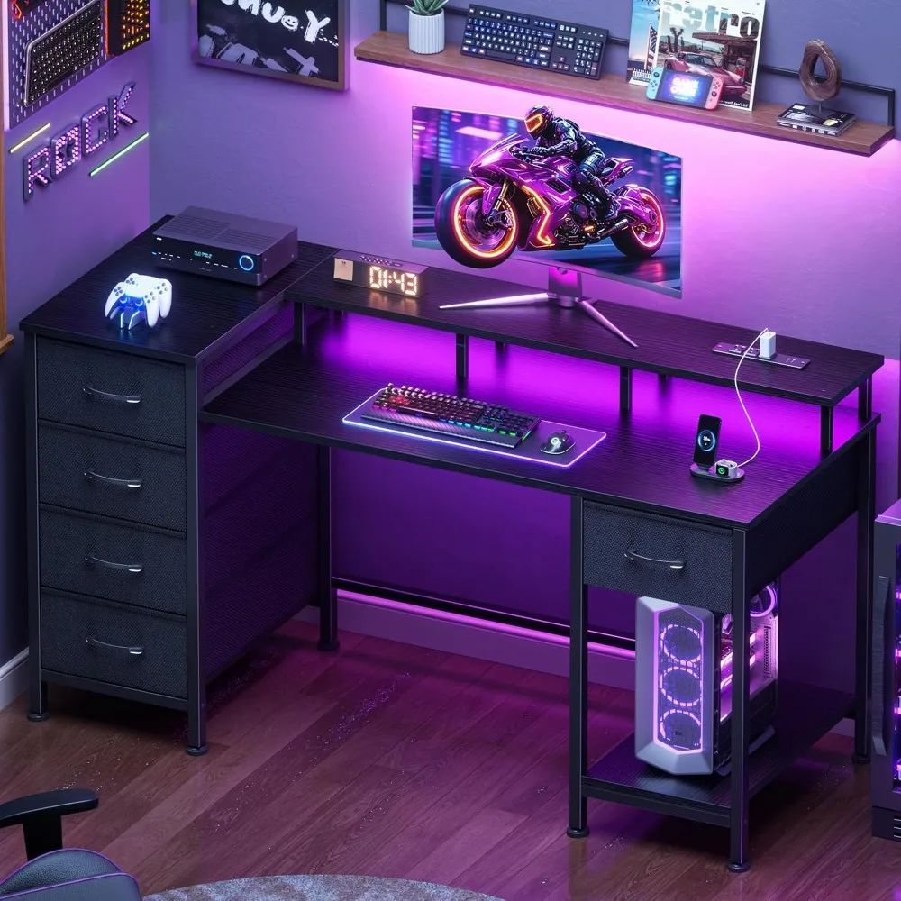 47 Inch Reversible Gaming Desk With Power Outlets & LED Lights, 5 Fabric Storage Drawers Home Computer Table, Custom