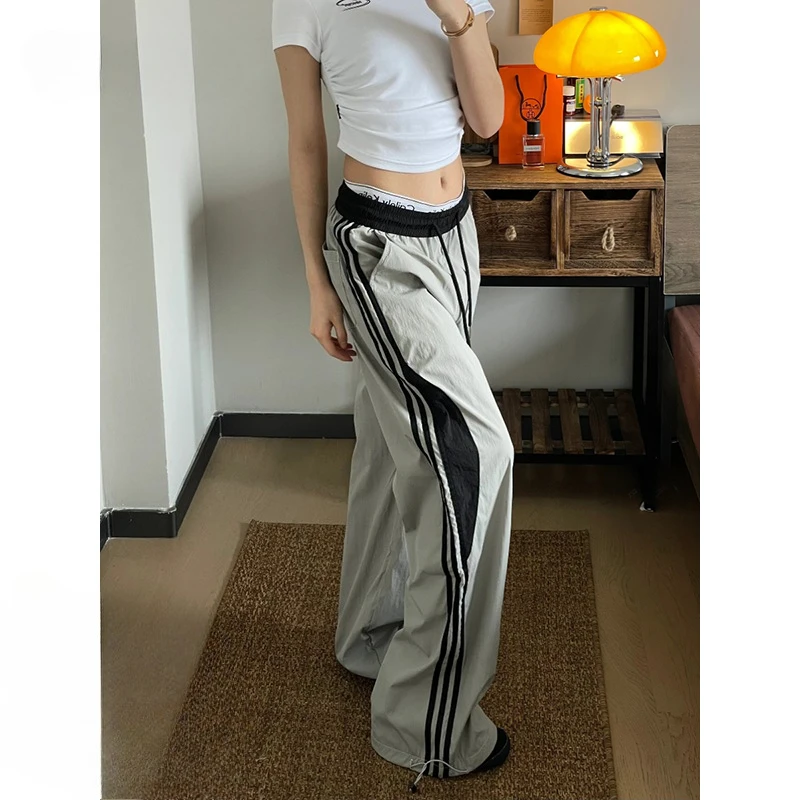 

American retro splicing three bars straight quick-drying pants women's summer ice silk tooling sports pants men's and women's