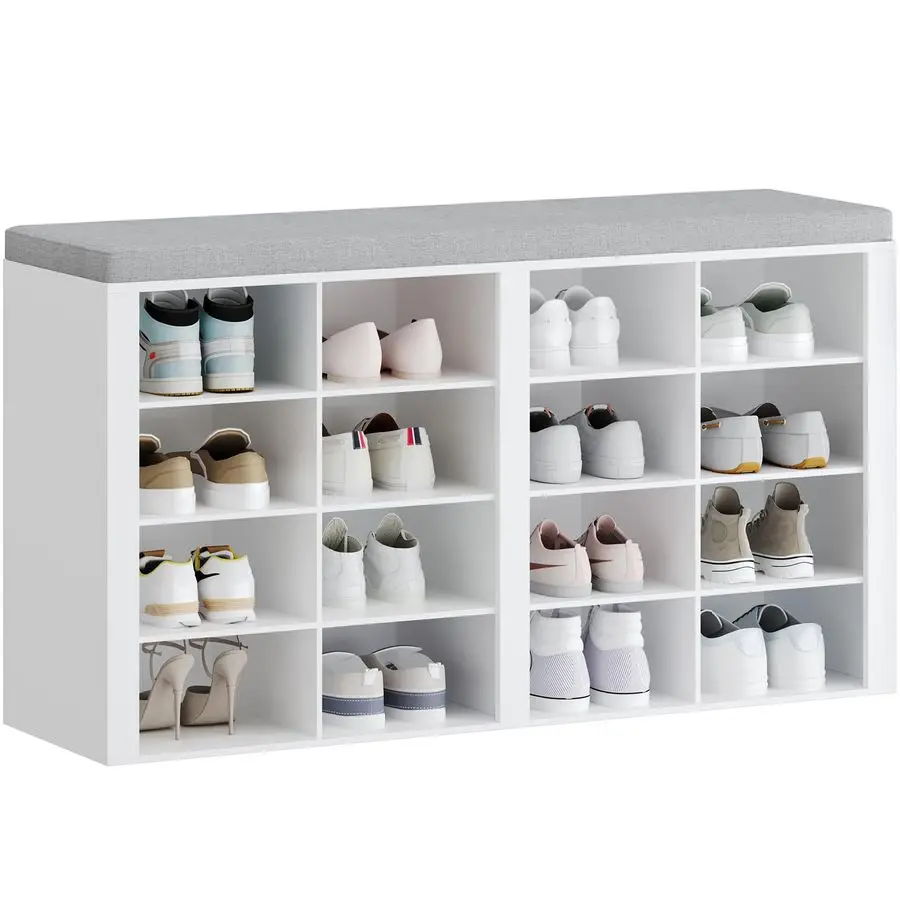 

Bench with Cushion, Entryway Storage Bench with 16 Cubbies, Cubby Shoe Rack with Adjustable Shelves, Shoe Organizer Cabinet for