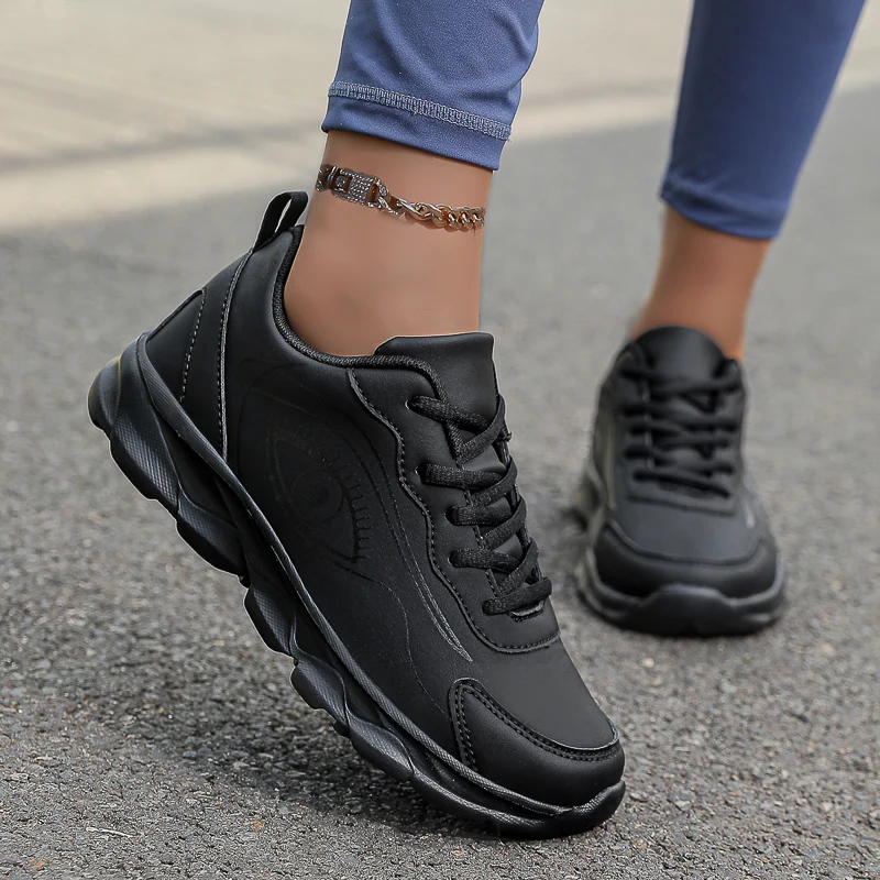 

Black Leather Sneakers for Women Thick Sole Running Shoes PU Outdoor Tennis Trainers Casual Walks Jog Gym Shoe Autumn Size 42