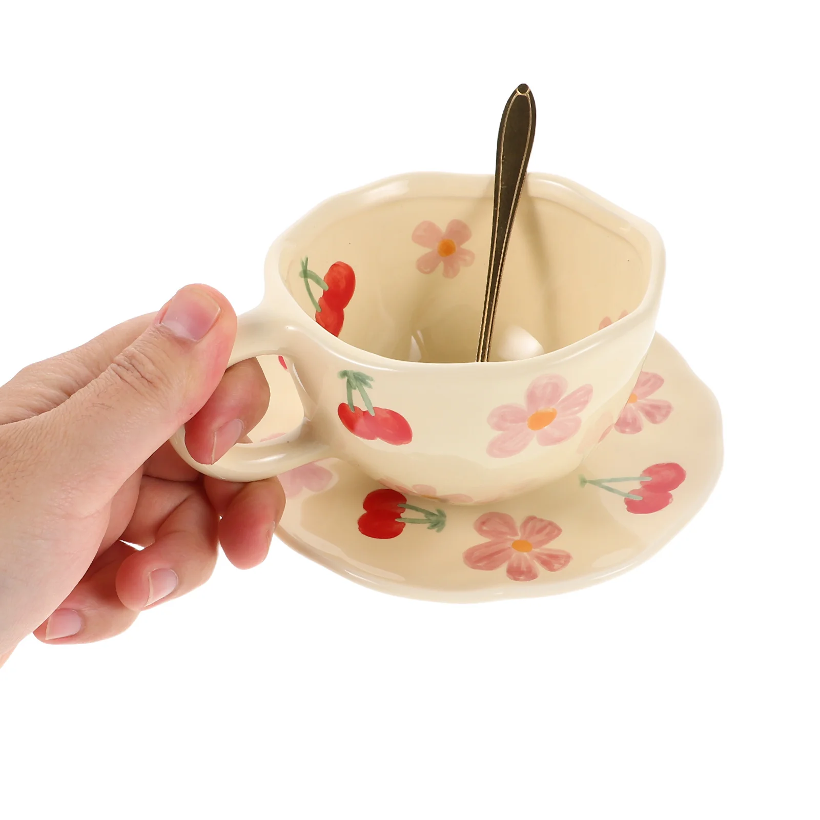 

1 комплект, керамический набор кофейных чашек, кружка с цветочным принтом, блюдце, ложка, фарфор, эспрессо, латте, капучино, завтрак, домашний декор, кружка с блюдцем