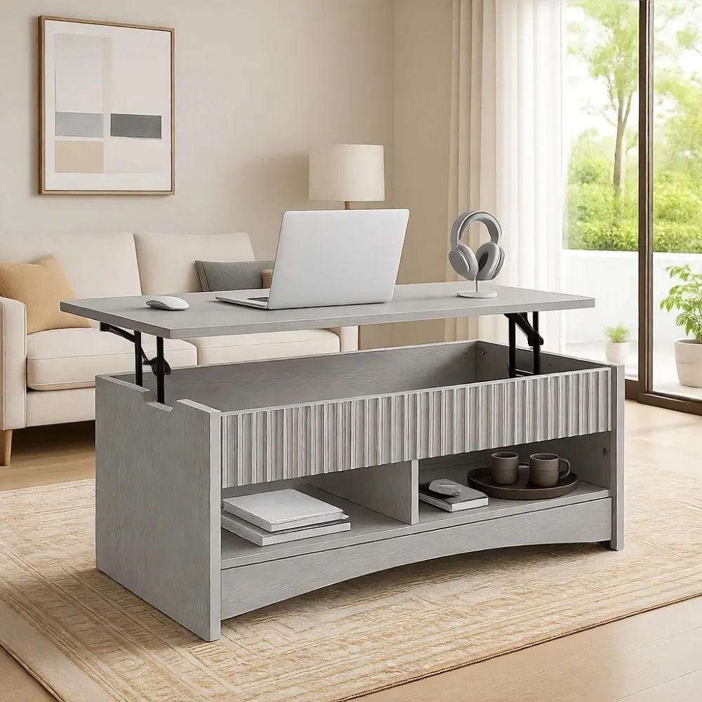 

Lift Top Coffee Table with Hidden Storage and Modern Fluted Design Smooth Mechanism Space Saving for Living Room Office