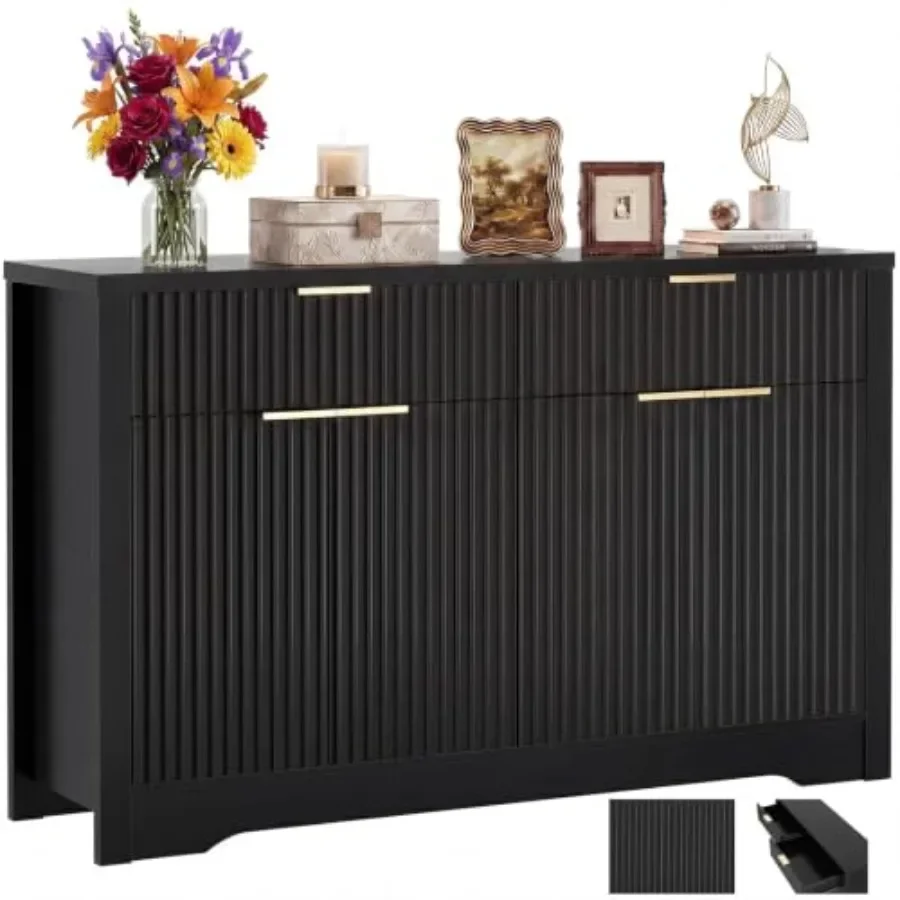 55 Fluted Sideboard Buffet Cabinet with Drawers for Dining Room or Living Room, Elegant Gray Finish, Ample Storage Space and Sm
