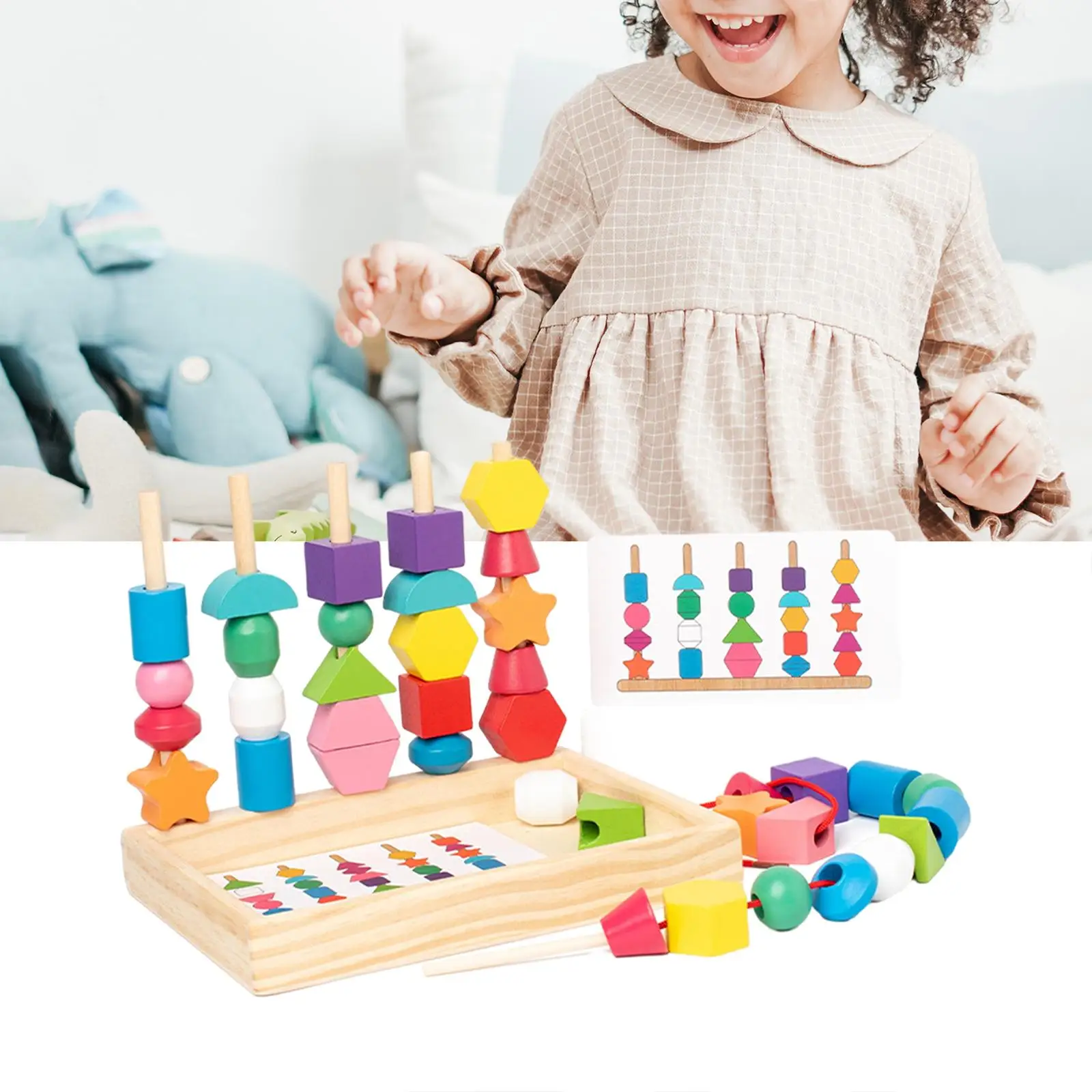 Wooden Beads Sequencing Toy Stem Preschool Learning Toys Lacing Beads and