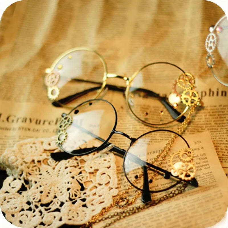 Steampunk Girls Cosplay Glasses Optical Frame Metal Gear with Chain Women Retro Lolita Glasses Eyewear