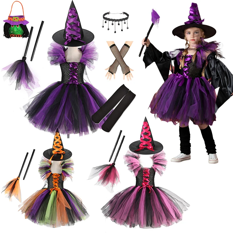 Halloween Maleficent Costume for Girls 2024 Fancy Purple Tutu Dress Kids Cosplay Demon Queen Witch Carnival Party Clothes