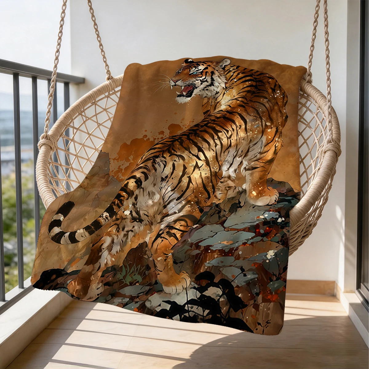 Wild Mountain Tiger Flannel Blanket Warm Soft Halloween Christmas Couch Warm Cozy Decorative Decor Gift for All Season