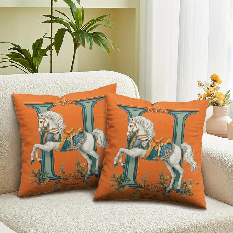 Vintage Baroque H‑Letter Horse Printed Pillow Cover, Elegant Western‑Style Polyester Cushion Case for Sofa Couch Bedroom Home De