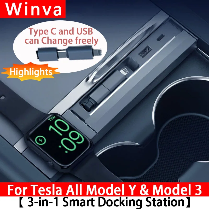For New Tesla Model Y/3 USB Hub 27W 3 in 1 Docking Station with Retractable Cable Support Wireless Charging of Apple Watch