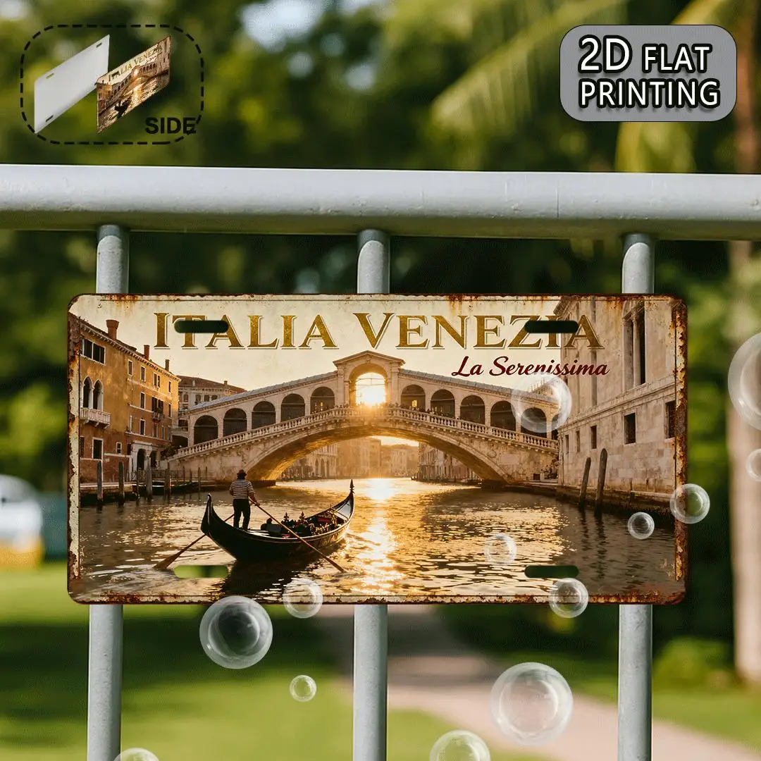 2D Flat Italia Venezia Venice Rialto Bridge Vintage Metal License Plate Travel Souvenir Retro Wall Decor Metal Sign