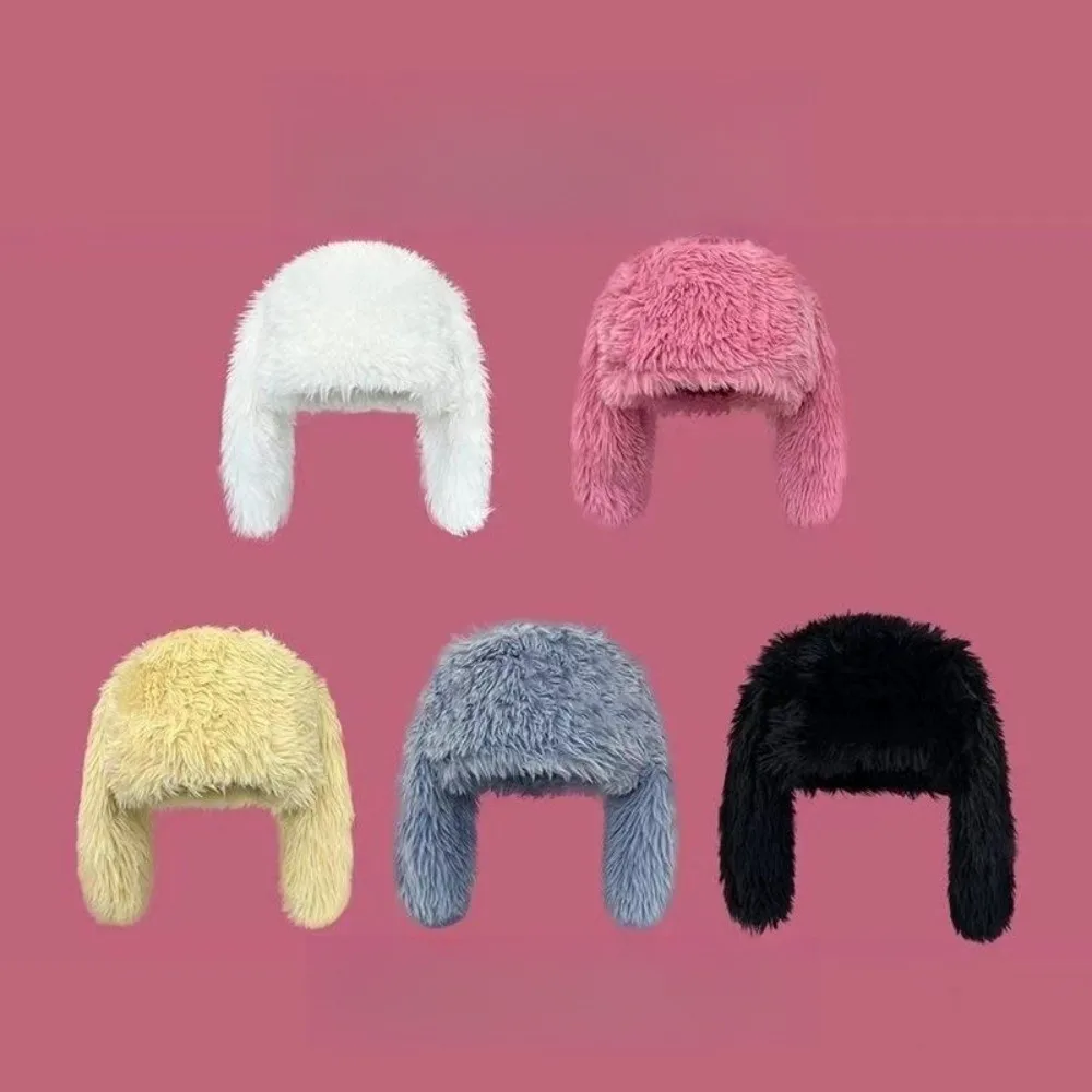 Simpatici berretti con orecchie di coniglio in tinta unita coniglietto berretto pullover in peluche resistente al freddo orecchie lunghe cappello di protezione per le orecchie Y2K invernale