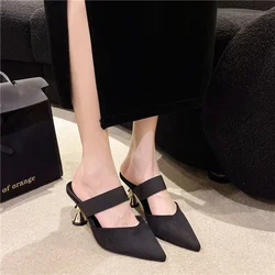 Size 35-46 Women Kitten Heels Mules Golden Rivet Pointed Toe Summer Sandals Fashion Beige Ladies Casual Med Heels Shoes