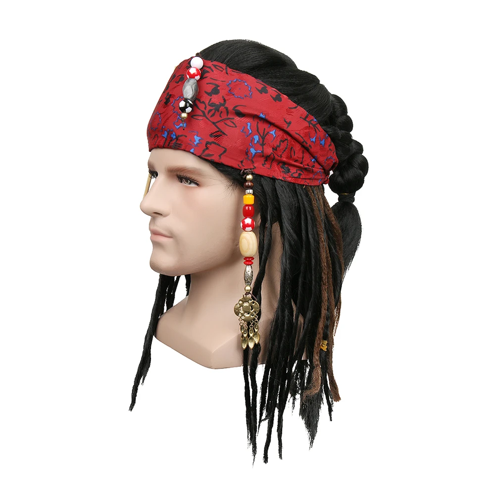 Pirate Headwear Cosplay Headgear Exquisite Long Hair Medieval Jack Pirate Wig Braids Headscarf Halloween Cos Prop for Adults