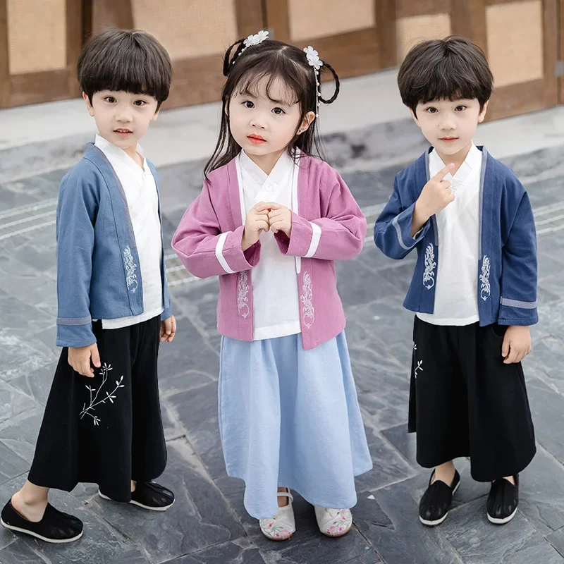 

Chinese Children Hanfu For Boys Cute Cotton Long Sleeve Tang Suit Shirt Coat Pant 3PCS Kids Kung Fu Suit Girls Festival Costume