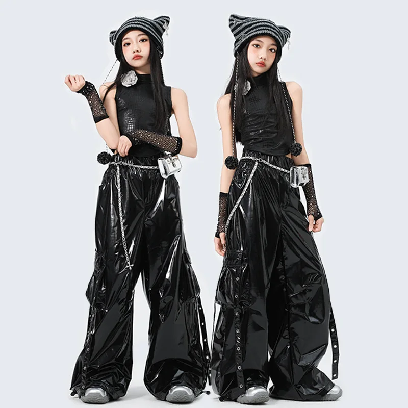 

Детский серебристый жилет, черные кожаные брюки, танцевальные костюмы в стиле хип-хоп для девочек, групповая модная одежда для джазовых выступлений, сценическая одежда