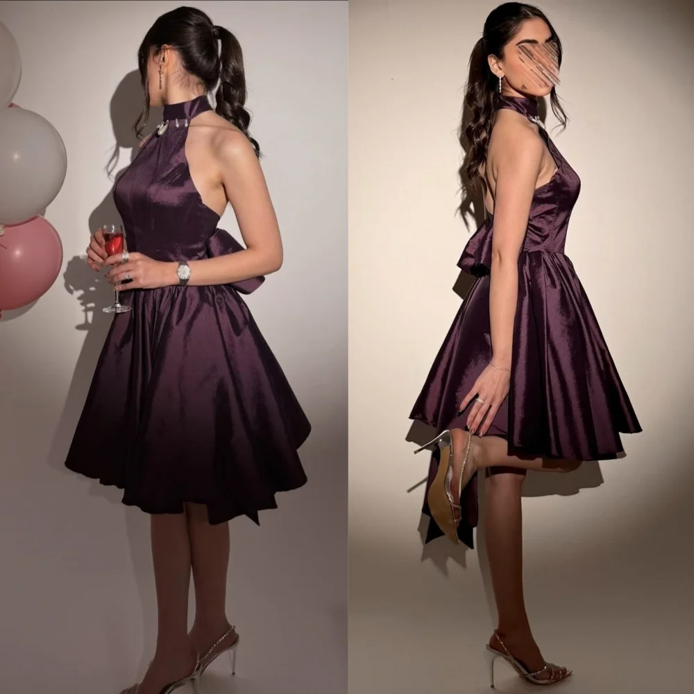 

Customized Exquisite Charmeuse Sequined Pleat A-line High Collar Midi Dresses Bespoke Occasion Intricate