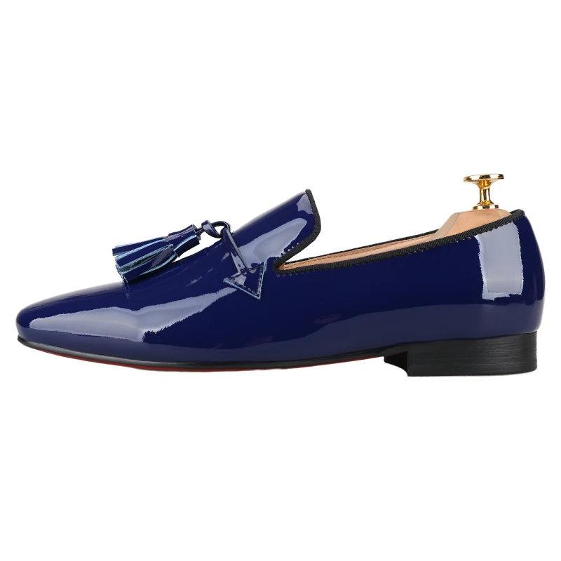 Piergitar 2024 New Model Royal Blue And Black Patent Leather Men's Tassels Shoes For Fashion Party Handmade Slip-On Loafers view 2