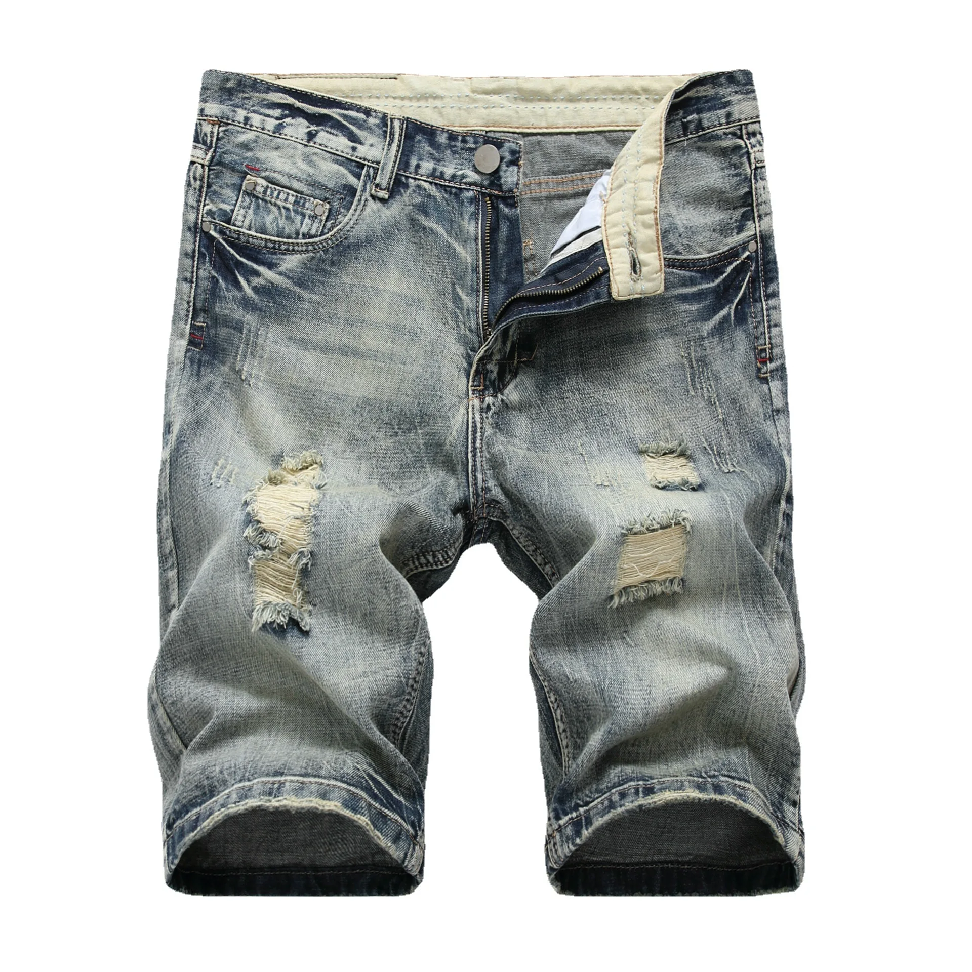 

New Summer Vintage Washed Men Denim Shorts Casual Fashion Street Wear Ripped Hole Patches Distressed Male Straight Jeans Shorts