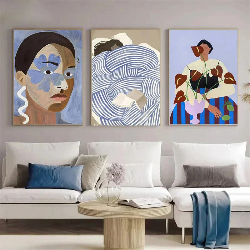 Abstract Line Face, Curve Striped Girl, Vase, Bird Canvas Painting Poster  for Home Decor  Living Room Wall Art for Bed Room