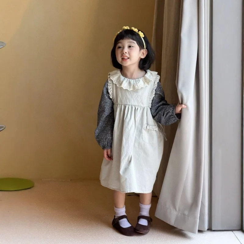 Girls' Korean Style Clothing 2026 Autumn New Item Girls' Lace Collar Floral Shirt and Sleeveless Vest Dress
