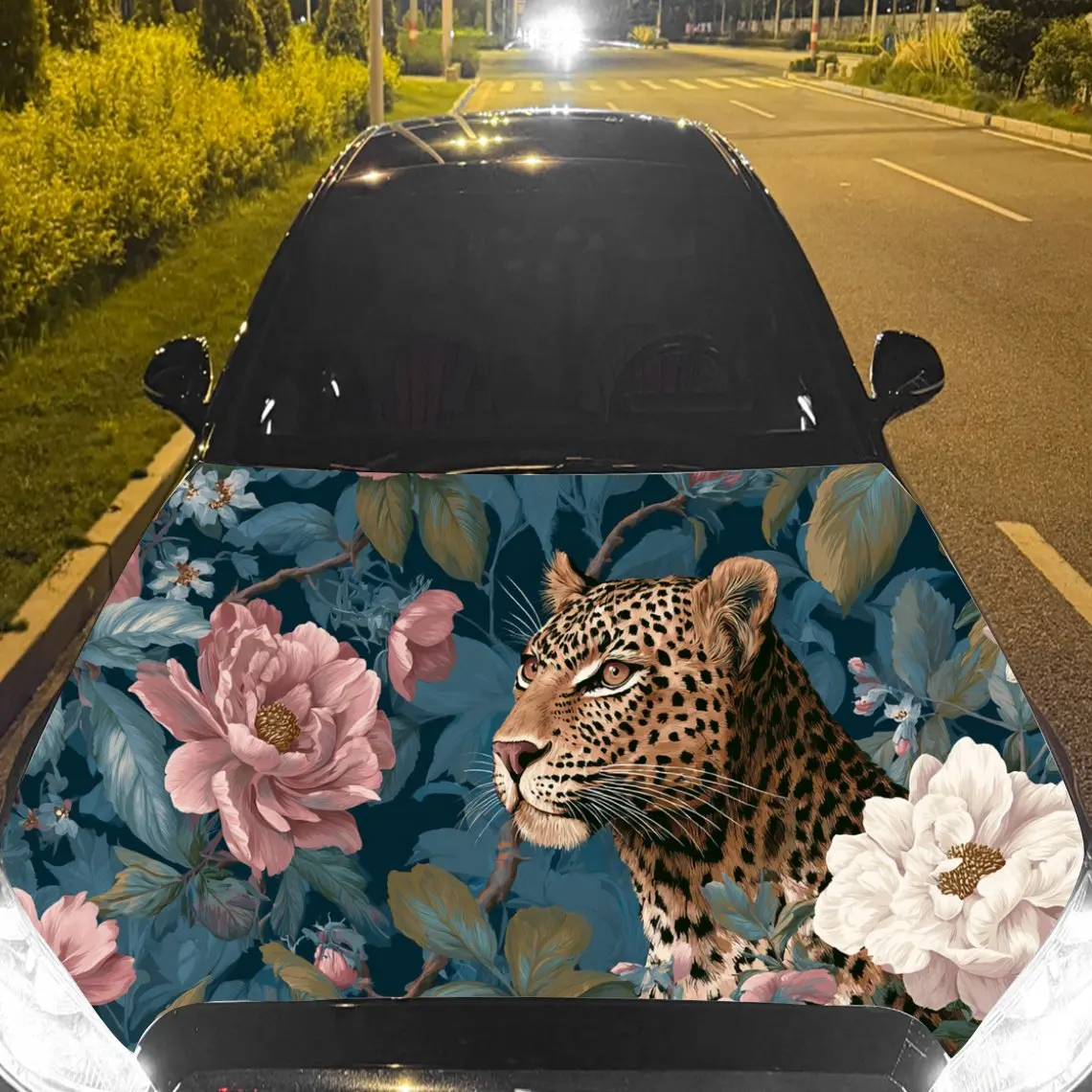 Car Decal Leopard with Multicolored Floral & Teal Foliage Artistic Background & Ferocious-Botanical Chic Aesthetic Car Hood Stic