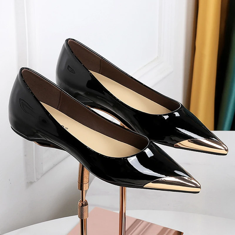 BIGTREE Shoes Low Heeled Women's Shoes Patent Leather Wedge Heels Women Pumps Metal Pointed Tip Luxury Banquet Shoes Fashion view 3