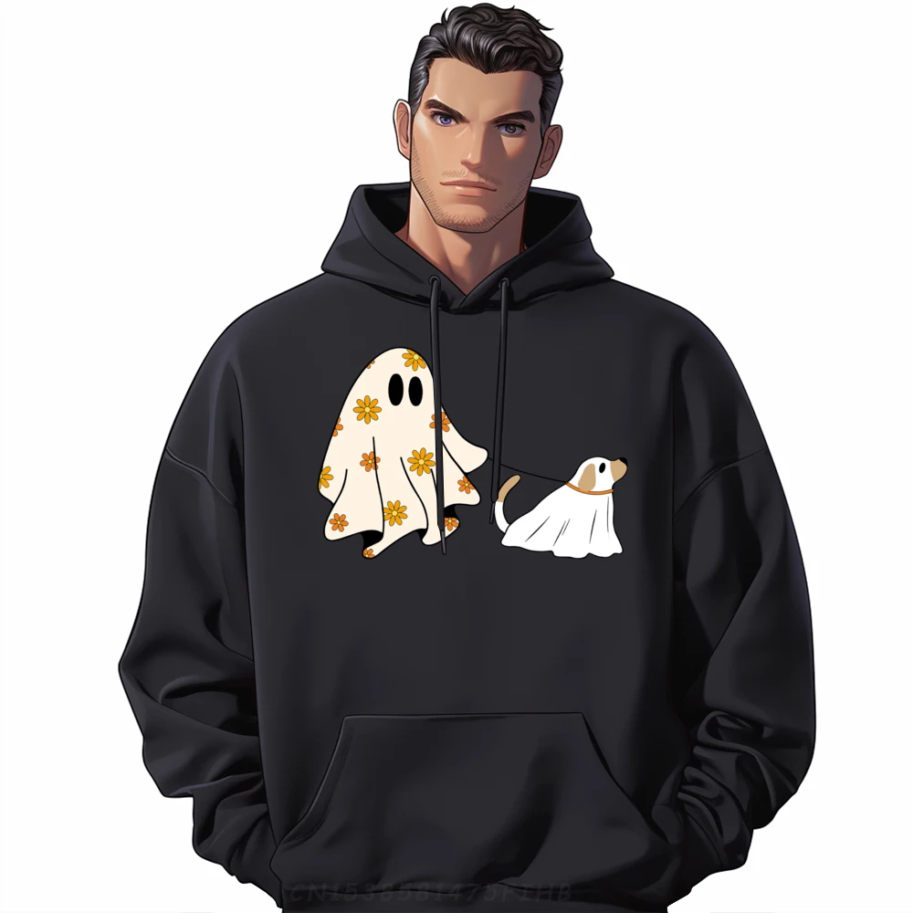 

Funny Ghost Walking Dog Spooky Season Halloween Flower Brand Hoodies Men's Clothing Hoodies Funny