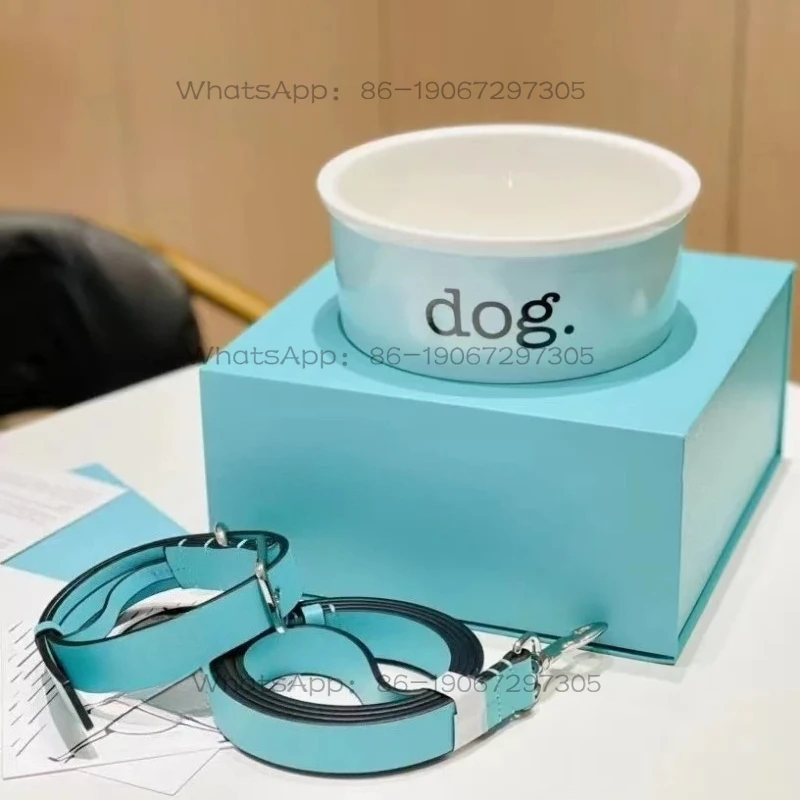 Pet Three-piece Bone Dog Bowl Cat Bowl Rice Basin Contains 17.5CM Collar Traction Rope Gift Box