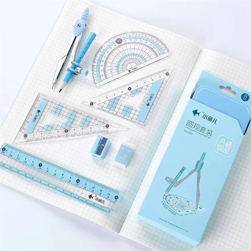 QIANKONG Set pensil penggaris, perlengkapan sekolah hadiah anak laki-laki perempuan, alat tulis siswa gambar geometris, Set pensil penggaris 8 buah/Set