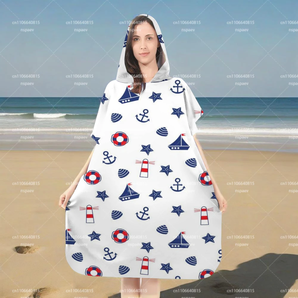 Nautical Anchor & Lighthouse Hooded Towel Poncho, Microfiber Quick-Dry Bath Robe, Family Matching Beach Changing Robe for Adults