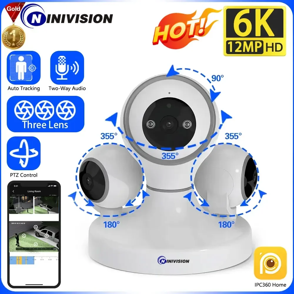 

12MP WiFi Surveillance Smart Home Baby Monitor Camera Three Lens Three Screens Indoor Wireless 360° HD Video Security IP Cameras