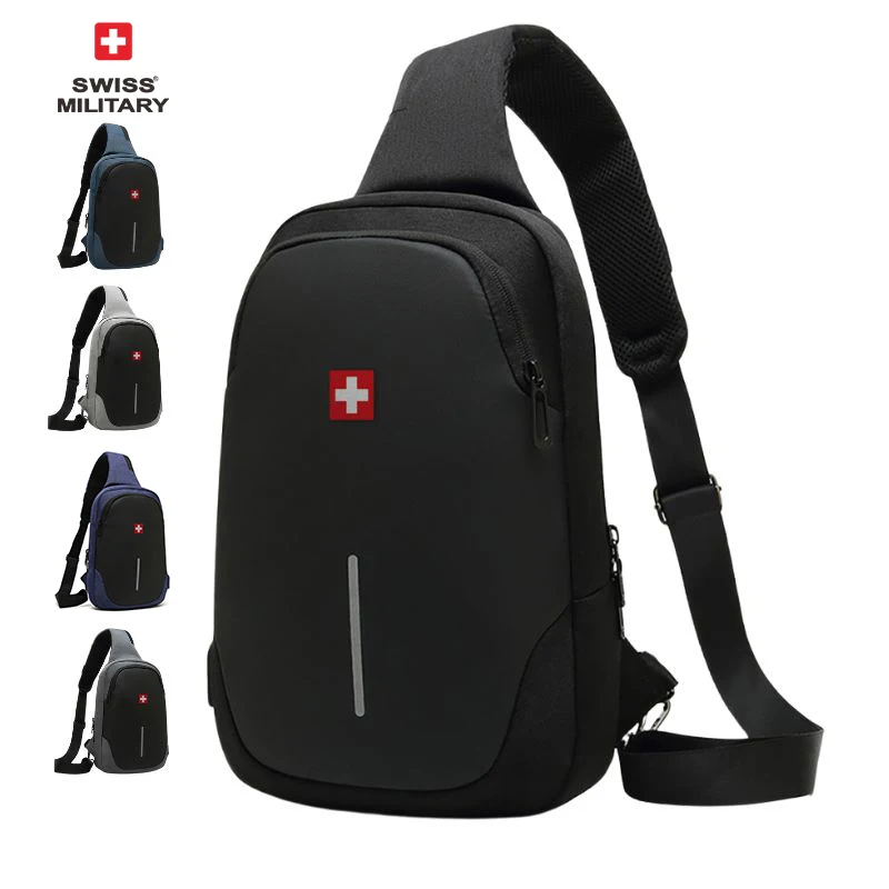 SWISS-Bolsa de Peito Casual Masculina, Bolsa de Ombro Impermeável, Bolsa Crossbody Anti-Roubo, Cor Sólida, Estilinete USB, Esportiva, Nova Moda